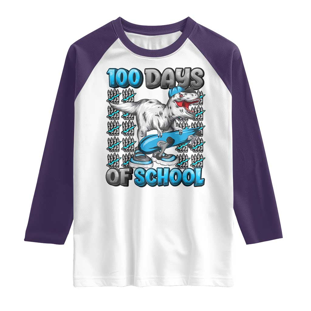 100 Days of School 100th Day Dinosaur Raglan Shirt TS10 White Purple Print Your Wear