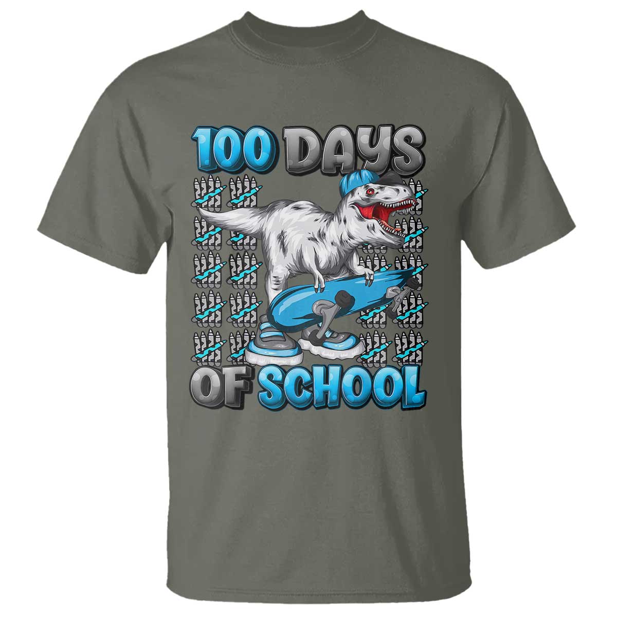 100 Days of School 100th Day Dinosaur T Shirt TS10 Military Green Print Your Wear