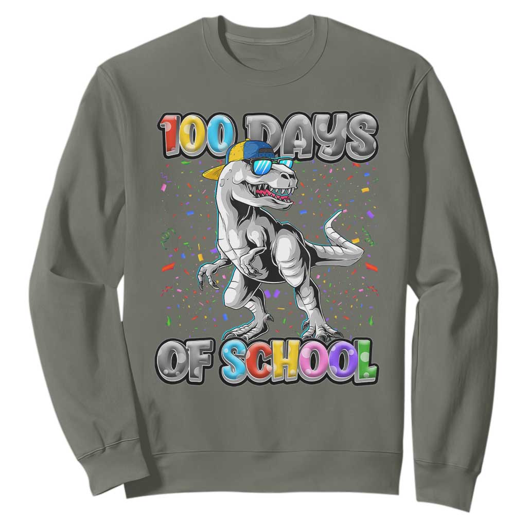 100 Days Of School Sweatshirt Funny Cool Dinosaur Trex 100 Days Smarter TS10 Military Green Print Your Wear