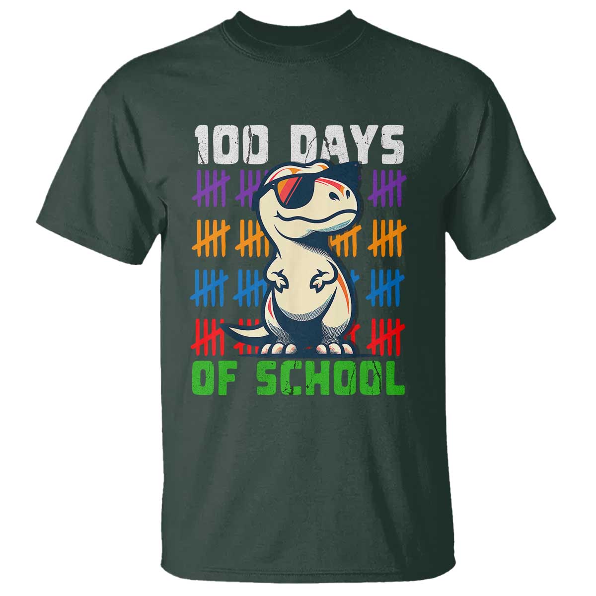 100 Days of School 100th Day Dino T Shirt TS10 Dark Forest Green Print Your Wear
