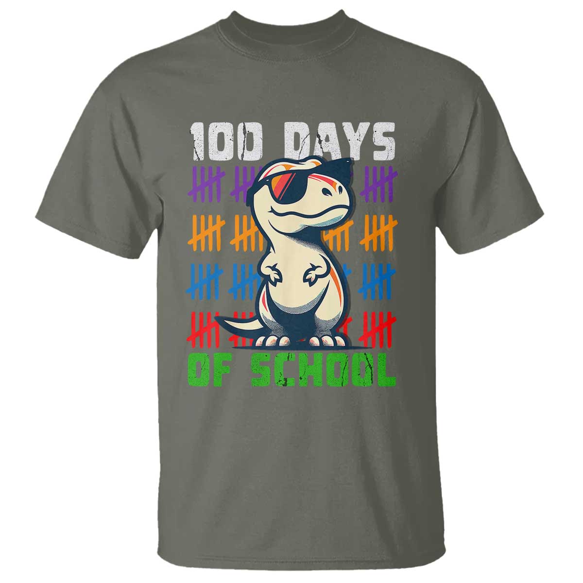 100 Days of School 100th Day Dino T Shirt TS10 Military Green Print Your Wear