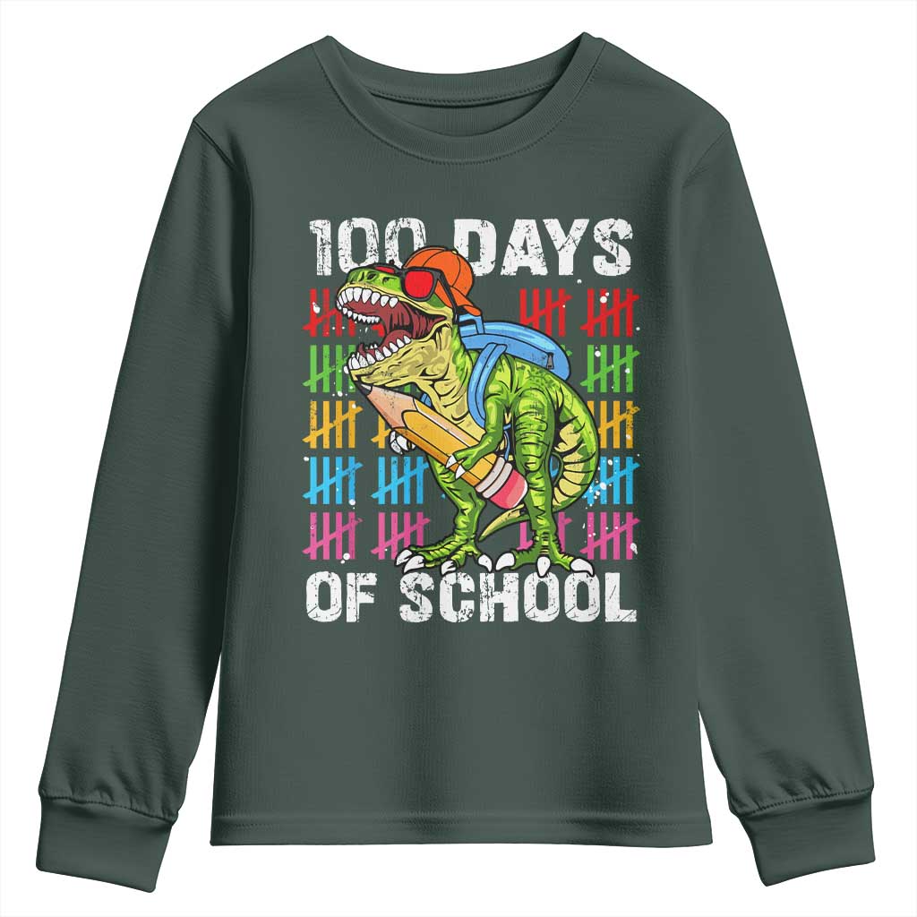 100th Day Of School Youth Sweatshirt 100 Days Dino Dinosaur TS10 Dark Forest Green Print Your Wear