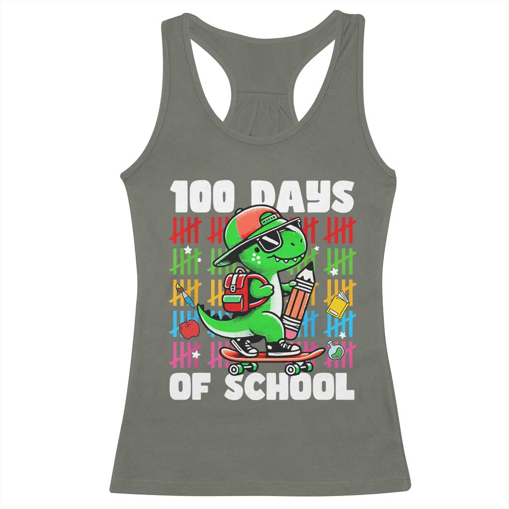 100 Days of School 100th Day Dino Racerback Tank Top Trex Dino Skateboard Skateboarding Boys Gift TS10 Military Green Print Your Wear