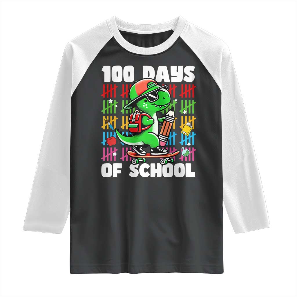 100 Days of School 100th Day Dino Raglan Shirt Trex Dino Skateboard Skateboarding Boys Gift TS10 Black White Print Your Wear