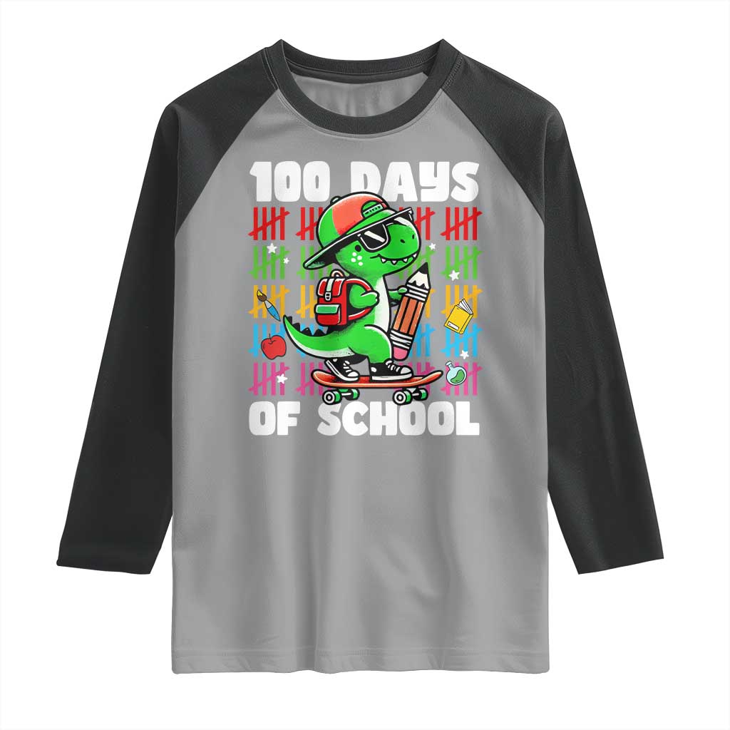 100 Days of School 100th Day Dino Raglan Shirt Trex Dino Skateboard Skateboarding Boys Gift TS10 Sport Gray Black Print Your Wear