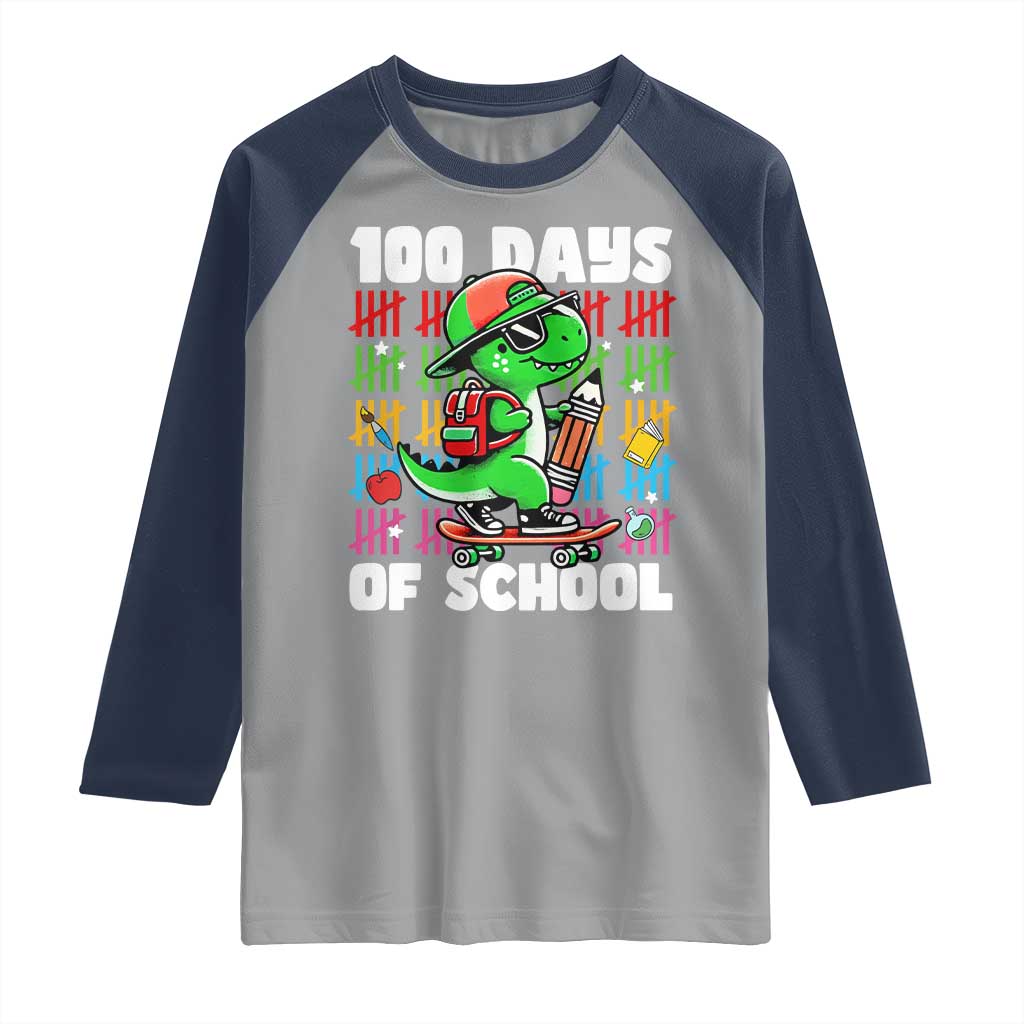 100 Days of School 100th Day Dino Raglan Shirt Trex Dino Skateboard Skateboarding Boys Gift TS10 Sport Gray Navy Print Your Wear