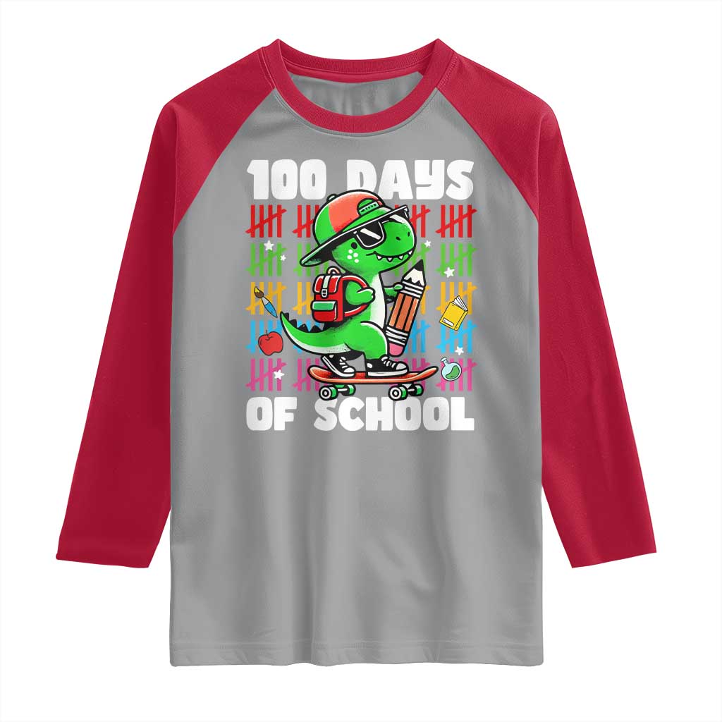 100 Days of School 100th Day Dino Raglan Shirt Trex Dino Skateboard Skateboarding Boys Gift TS10 Sport Gray Red Print Your Wear