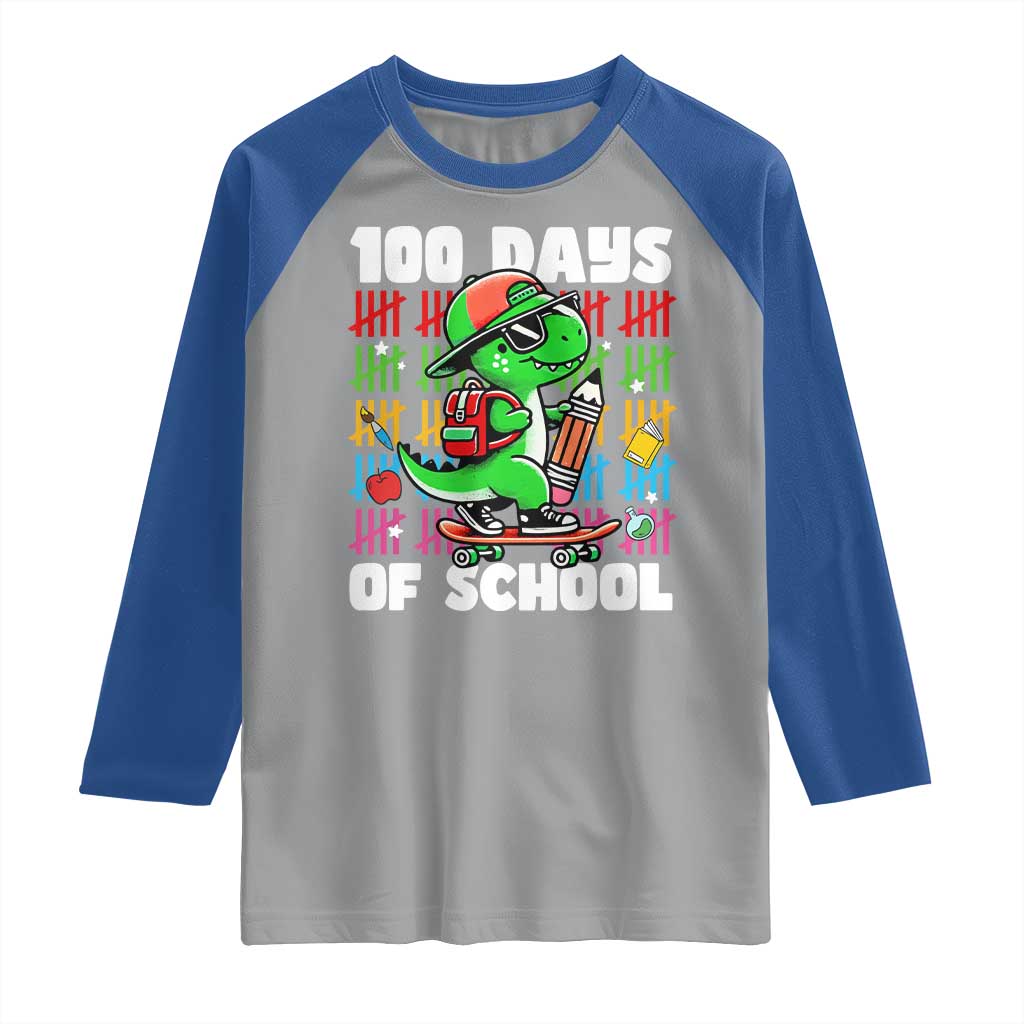 100 Days of School 100th Day Dino Raglan Shirt Trex Dino Skateboard Skateboarding Boys Gift TS10 Sport Gray Royal Print Your Wear