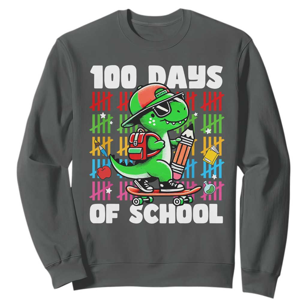 100 Days of School 100th Day Dino Sweatshirt Trex Dino Skateboard Skateboarding Boys Gift TS10 Dark Heather Print Your Wear