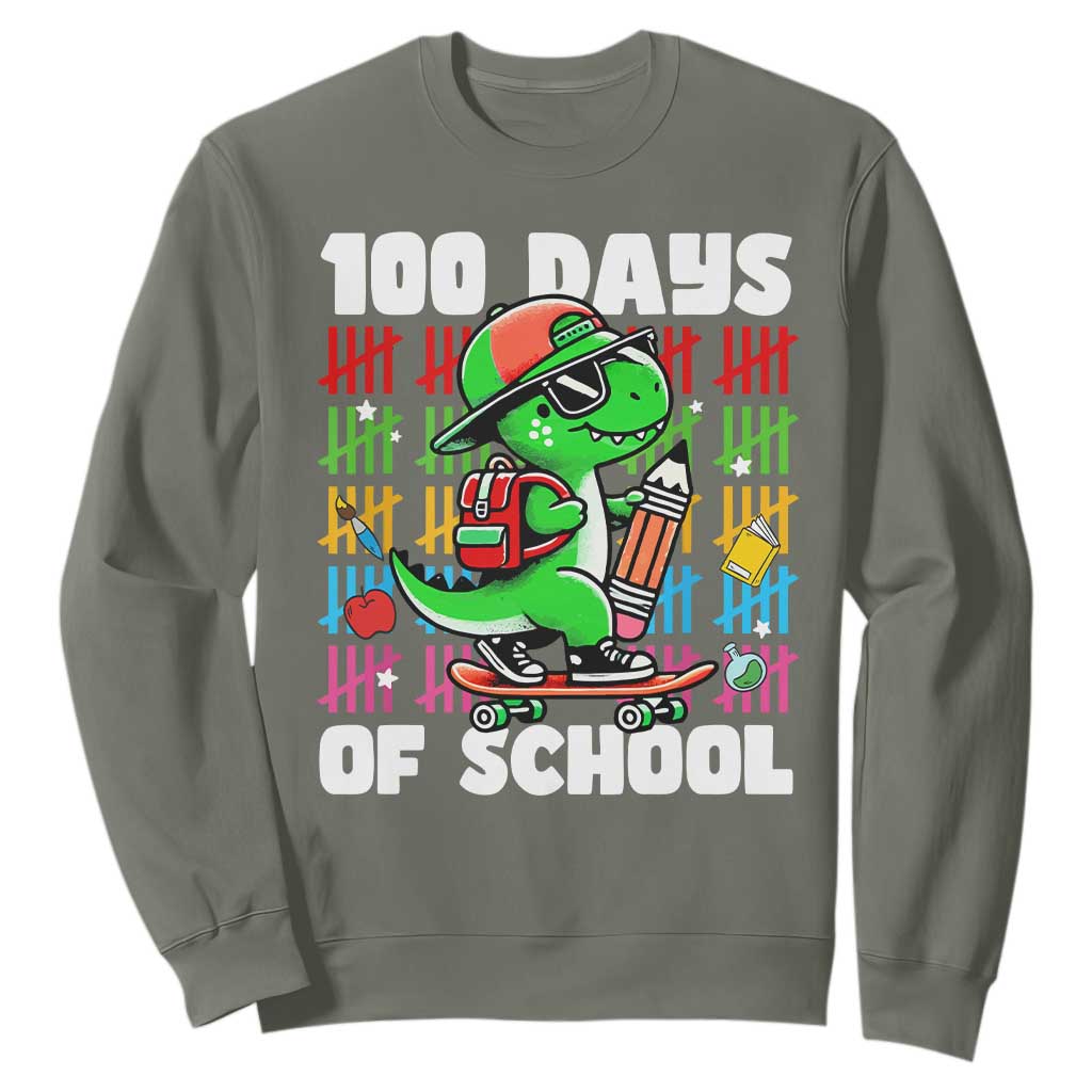 100 Days of School 100th Day Dino Sweatshirt Trex Dino Skateboard Skateboarding Boys Gift TS10 Military Green Print Your Wear