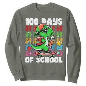 100 Days of School 100th Day Dino Sweatshirt Trex Dino Skateboard Skateboarding Boys Gift TS10 Military Green Print Your Wear