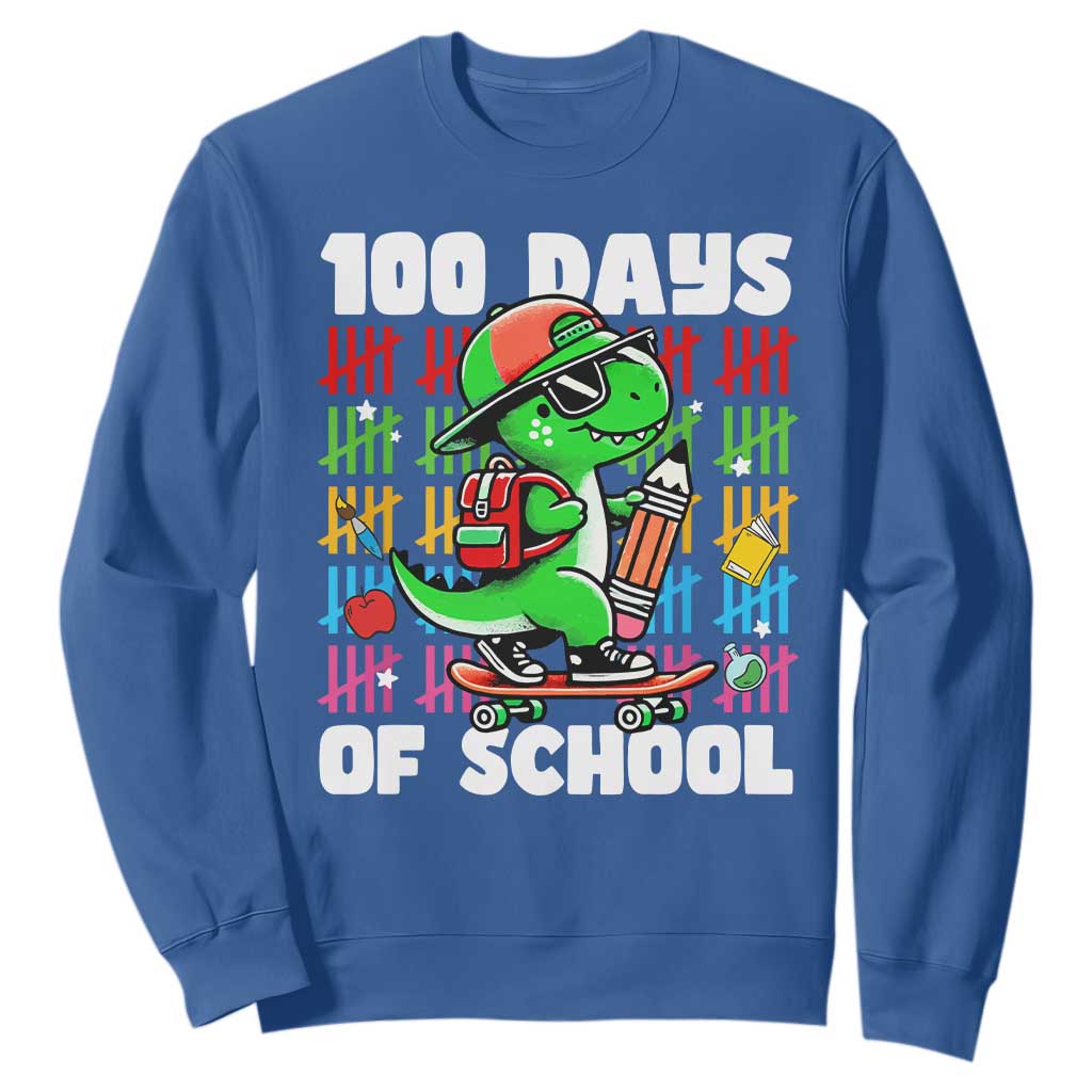 100 Days of School 100th Day Dino Sweatshirt Trex Dino Skateboard Skateboarding Boys Gift TS10 Royal Blue Print Your Wear