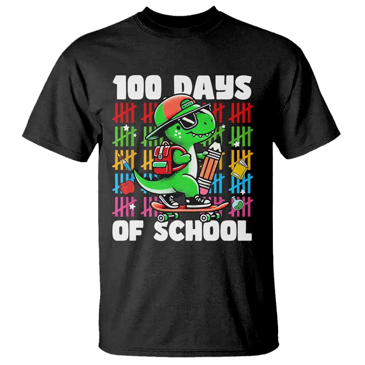 100 Days of School 100th Day Dino T Shirt Trex Dino Skateboard Skateboarding Boys Gift TS10 Black Print Your Wear
