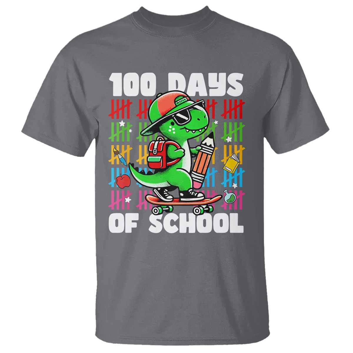 100 Days of School 100th Day Dino T Shirt Trex Dino Skateboard Skateboarding Boys Gift TS10 Charcoal Print Your Wear