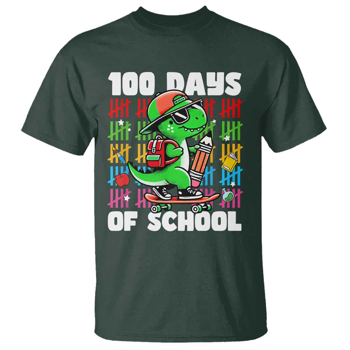100 Days of School 100th Day Dino T Shirt Trex Dino Skateboard Skateboarding Boys Gift TS10 Dark Forest Green Print Your Wear
