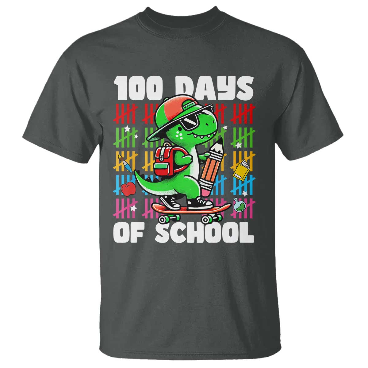 100 Days of School 100th Day Dino T Shirt Trex Dino Skateboard Skateboarding Boys Gift TS10 Dark Heather Print Your Wear