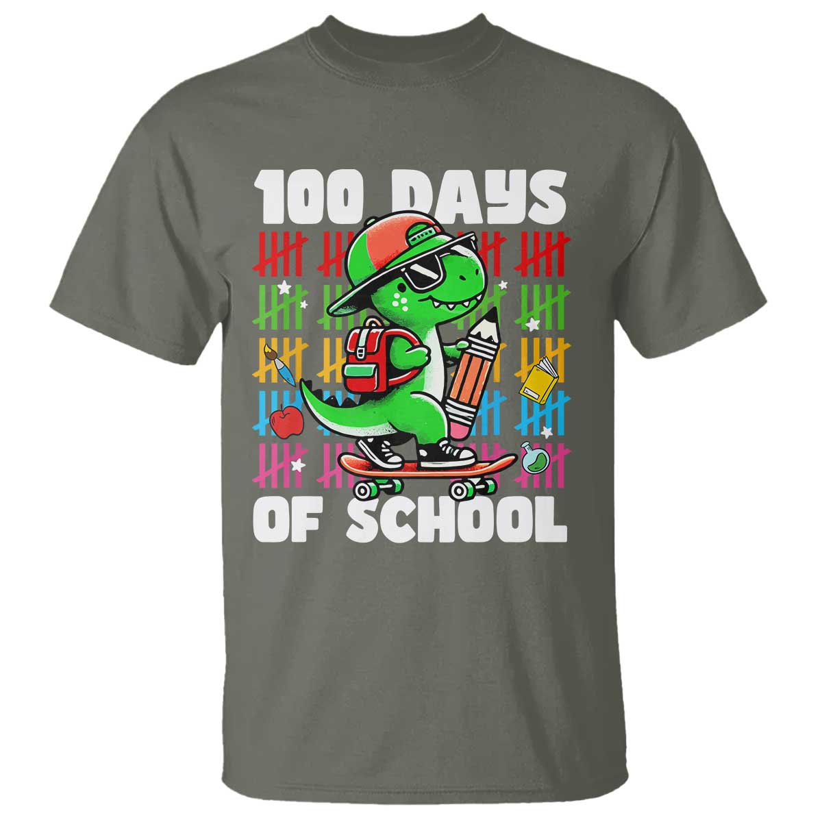 100 Days of School 100th Day Dino T Shirt Trex Dino Skateboard Skateboarding Boys Gift TS10 Military Green Print Your Wear