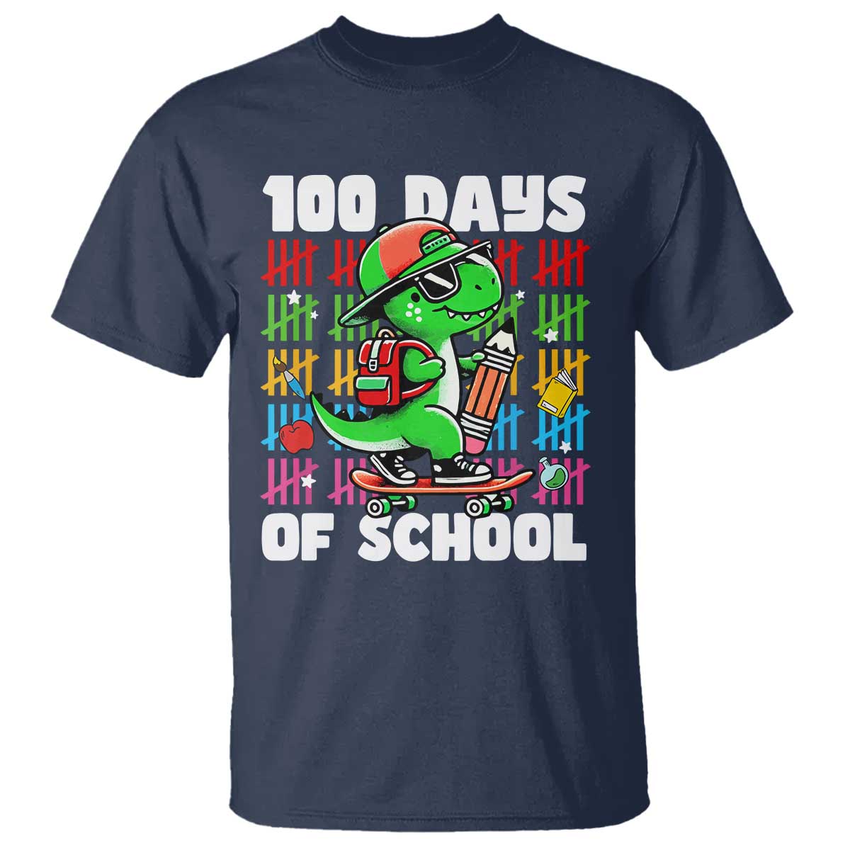 100 Days of School 100th Day Dino T Shirt Trex Dino Skateboard Skateboarding Boys Gift TS10 Navy Print Your Wear