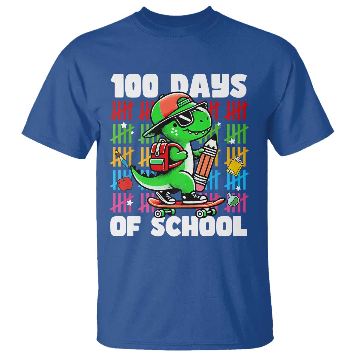 100 Days of School 100th Day Dino T Shirt Trex Dino Skateboard Skateboarding Boys Gift TS10 Royal Blue Print Your Wear