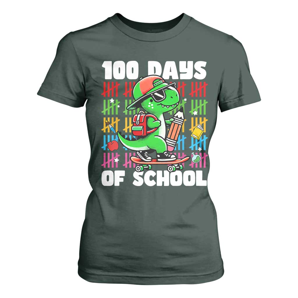 100 Days of School 100th Day Dino T Shirt For Women Trex Dino Skateboard Skateboarding Boys Gift TS10 Dark Forest Green Print Your Wear