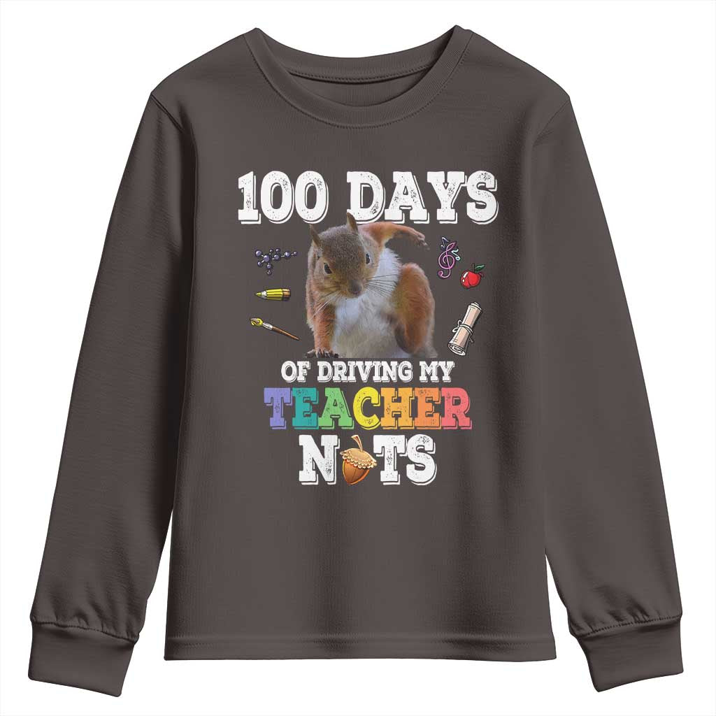 100th Day Of School Youth Sweatshirt Driving My Teacher Nuts Dabbing Squirrel 100 Days TS10 Dark Chocolate Print Your Wear
