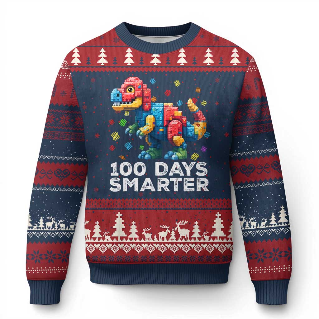 Dinosaur 100 Days Smarter Ugly Christmas Sweater Building Bricks Dinosaur 100th Day Kids TS10 Navy Red Print Your Wear