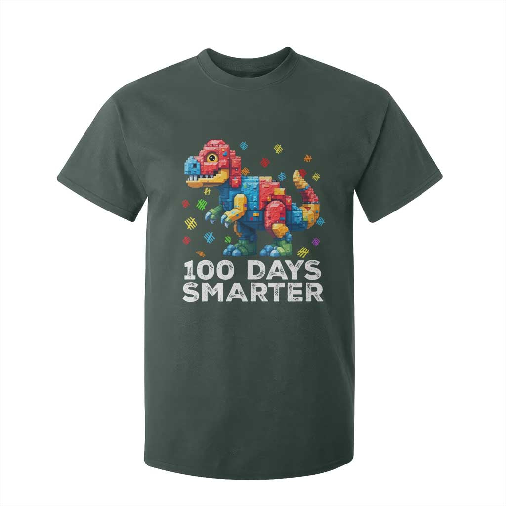 Dinosaur 100 Days Smarter T Shirt For Kid Building Bricks Dinosaur 100th Day Kids TS10 Dark Forest Green Print Your Wear