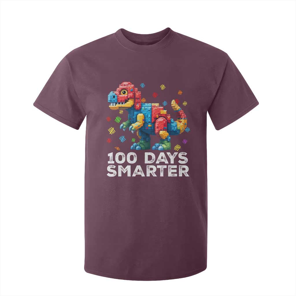 Dinosaur 100 Days Smarter T Shirt For Kid Building Bricks Dinosaur 100th Day Kids TS10 Maroon Print Your Wear