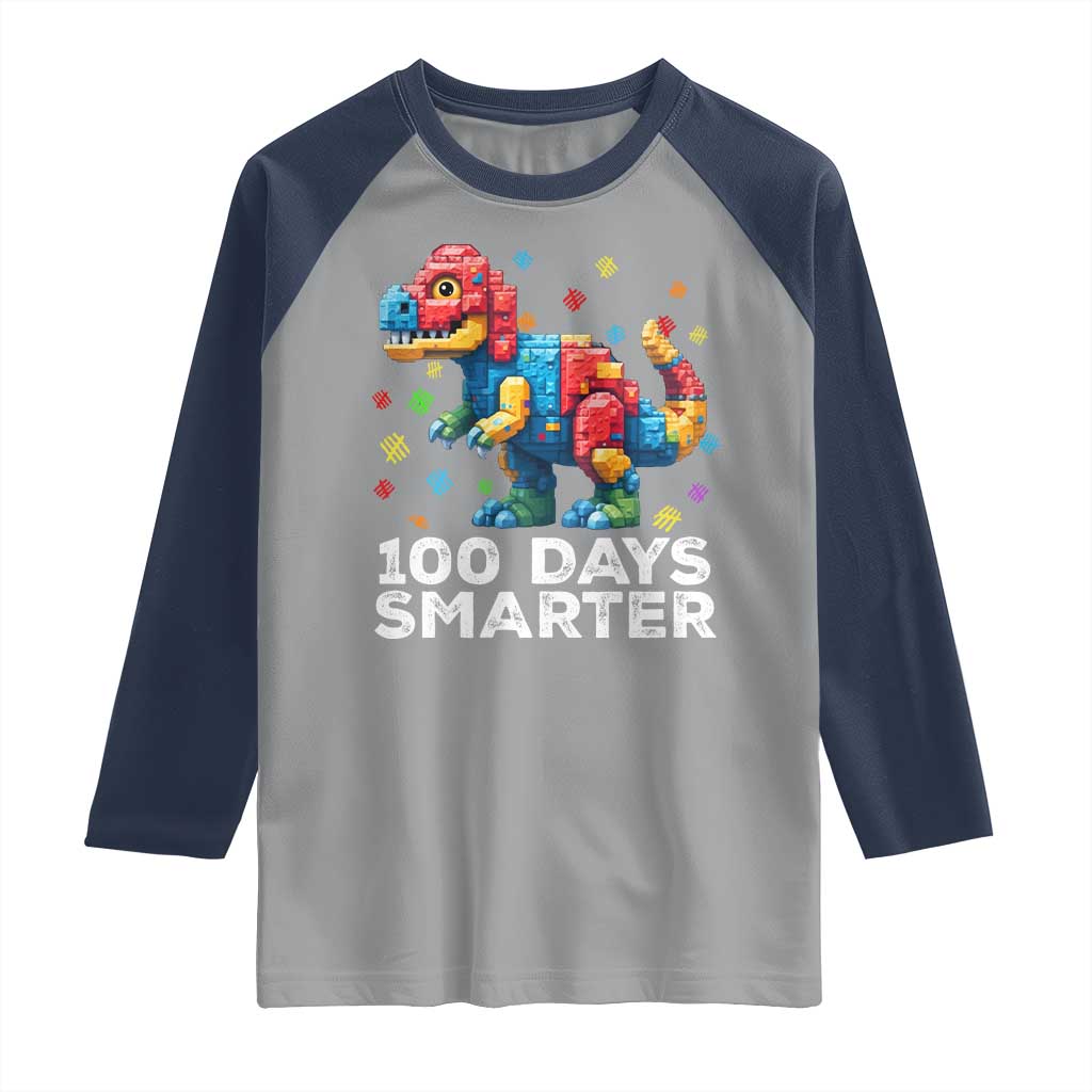 Dinosaur 100 Days Smarter Raglan Shirt Building Bricks Dinosaur 100th Day Kids TS10 Sport Gray Navy Print Your Wear