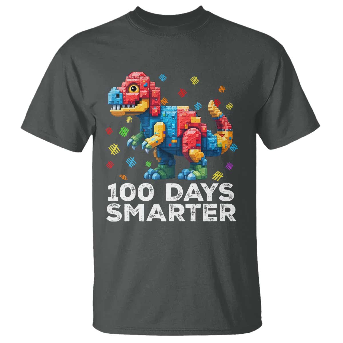 Dinosaur 100 Days Smarter T Shirt Building Bricks Dinosaur 100th Day Kids TS10 Dark Heather Print Your Wear