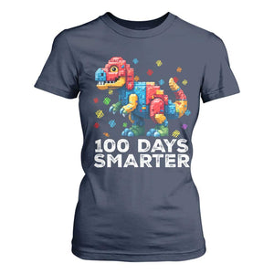 Dinosaur 100 Days Smarter T Shirt For Women Building Bricks Dinosaur 100th Day Kids TS10 Navy Print Your Wear