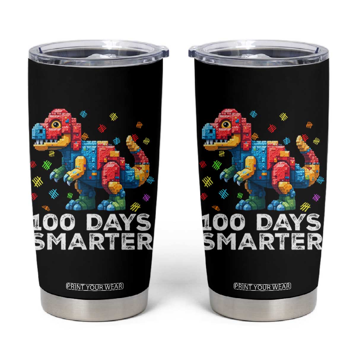 Dinosaur 100 Days Smarter Tumbler Cup Building Bricks Dinosaur 100th Day Kids TS10 Black Print Your Wear