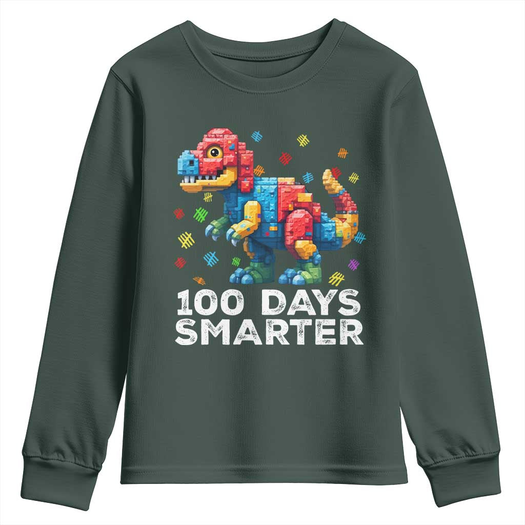 Dinosaur 100 Days Smarter Youth Sweatshirt Building Bricks Dinosaur 100th Day Kids TS10 Dark Forest Green Print Your Wear