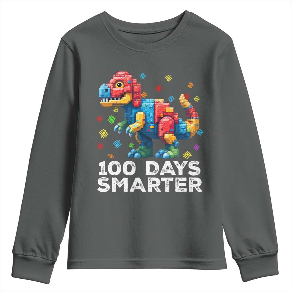 Dinosaur 100 Days Smarter Youth Sweatshirt Building Bricks Dinosaur 100th Day Kids TS10 Dark Heather Print Your Wear