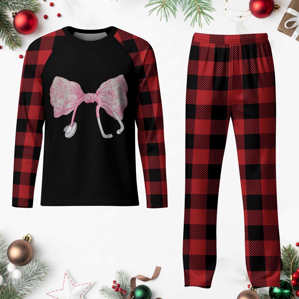 Pink Coquette Nurse Plaid Pajama Set Toile de Jouy Stethoscope Bow TS10 Buffalo Plaid Print Your Wear