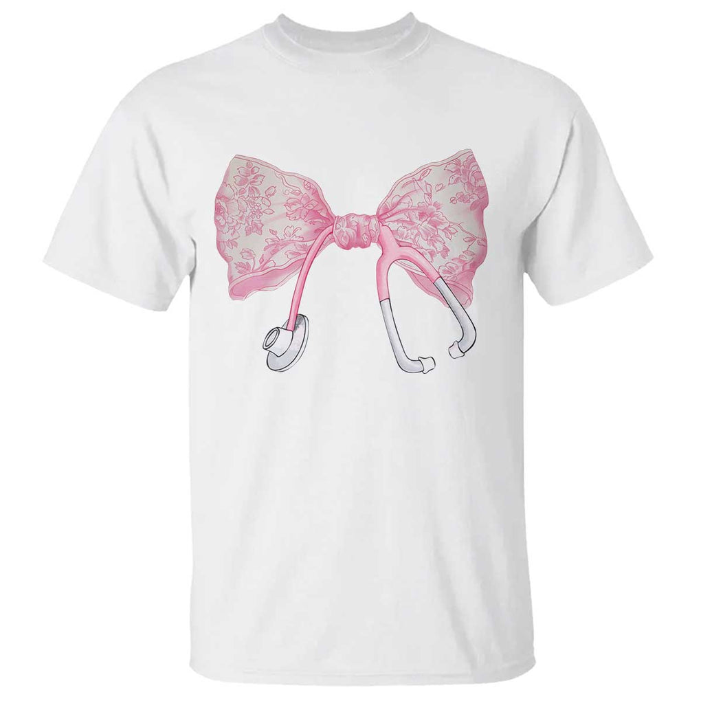 Pink Coquette Nurse T Shirt Toile de Jouy Stethoscope Bow TS10 White Print Your Wear