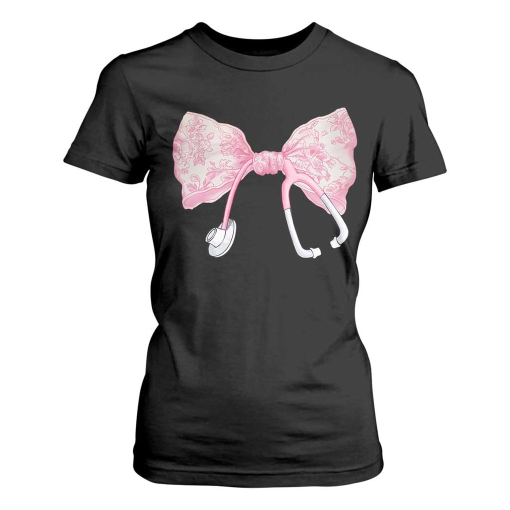 Pink Coquette Nurse T Shirt For Women Toile de Jouy Stethoscope Bow TS10 Black Print Your Wear