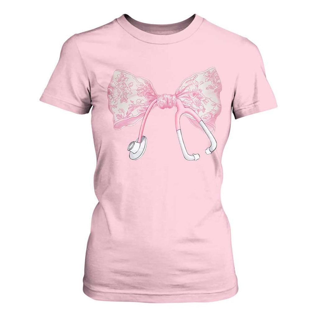 Pink Coquette Nurse T Shirt For Women Toile de Jouy Stethoscope Bow TS10 Light Pink Print Your Wear
