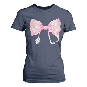 Pink Coquette Nurse T Shirt For Women Toile de Jouy Stethoscope Bow TS10 Navy Print Your Wear