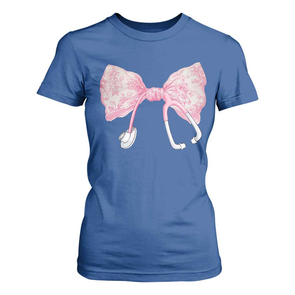 Pink Coquette Nurse T Shirt For Women Toile de Jouy Stethoscope Bow TS10 Royal Blue Print Your Wear