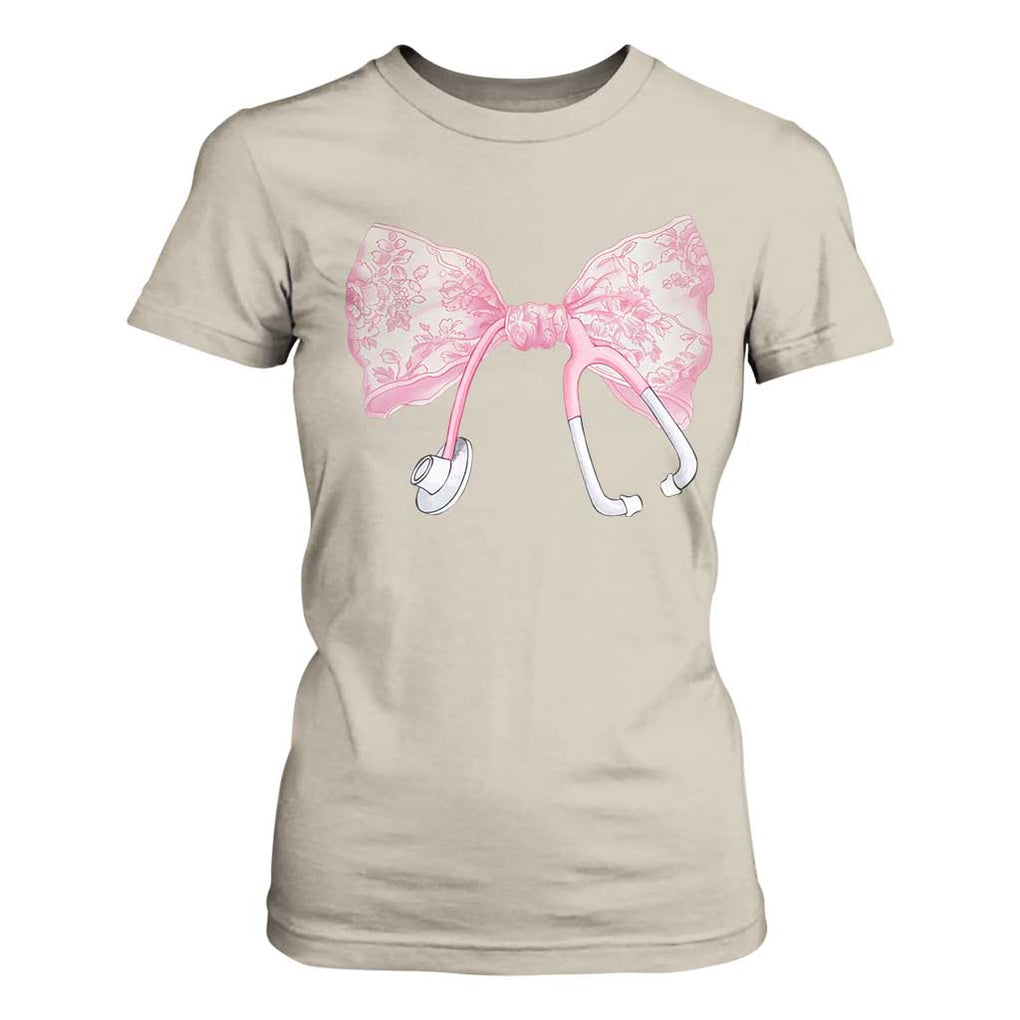 Pink Coquette Nurse T Shirt For Women Toile de Jouy Stethoscope Bow TS10 Sand Print Your Wear