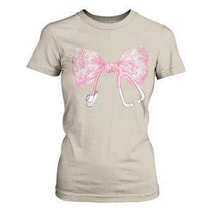 Pink Coquette Nurse T Shirt For Women Toile de Jouy Stethoscope Bow TS10 Sand Print Your Wear