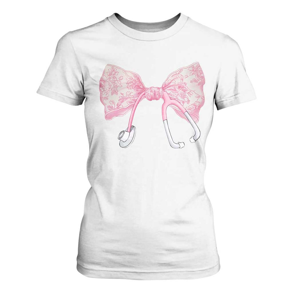 Pink Coquette Nurse T Shirt For Women Toile de Jouy Stethoscope Bow TS10 White Print Your Wear