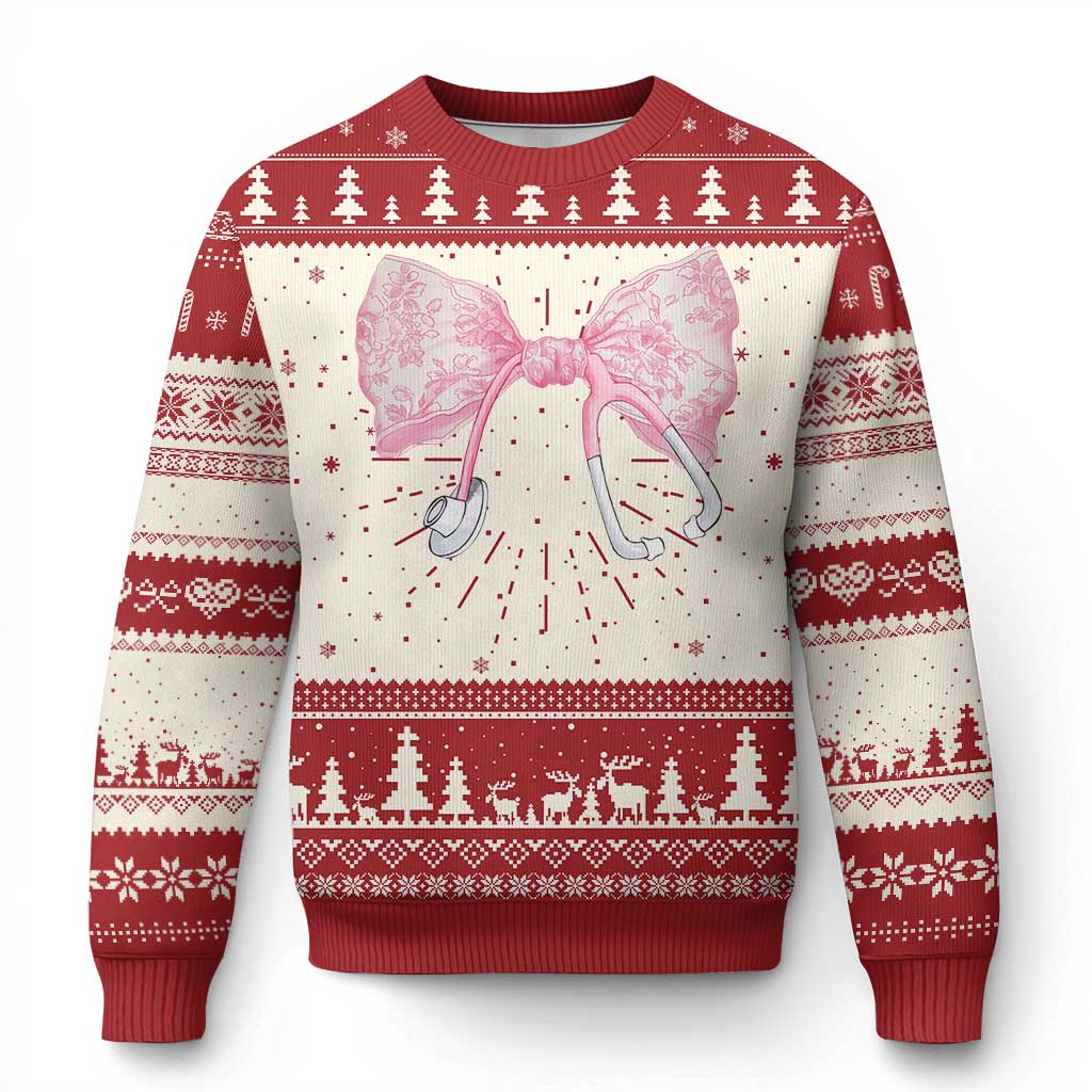 Pink Coquette Nurse Ugly Christmas Sweater Toile de Jouy Stethoscope Bow TS10 Red Print Your Wear