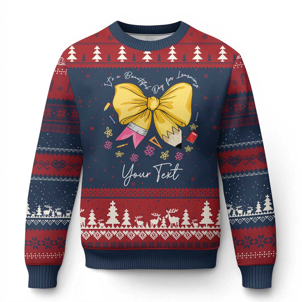 Personalized Teacher Coquette Bow Ugly Christmas Sweater Custom Name Cute Teacher Appreciation Gift TS10 Navy Red Print Your Wear