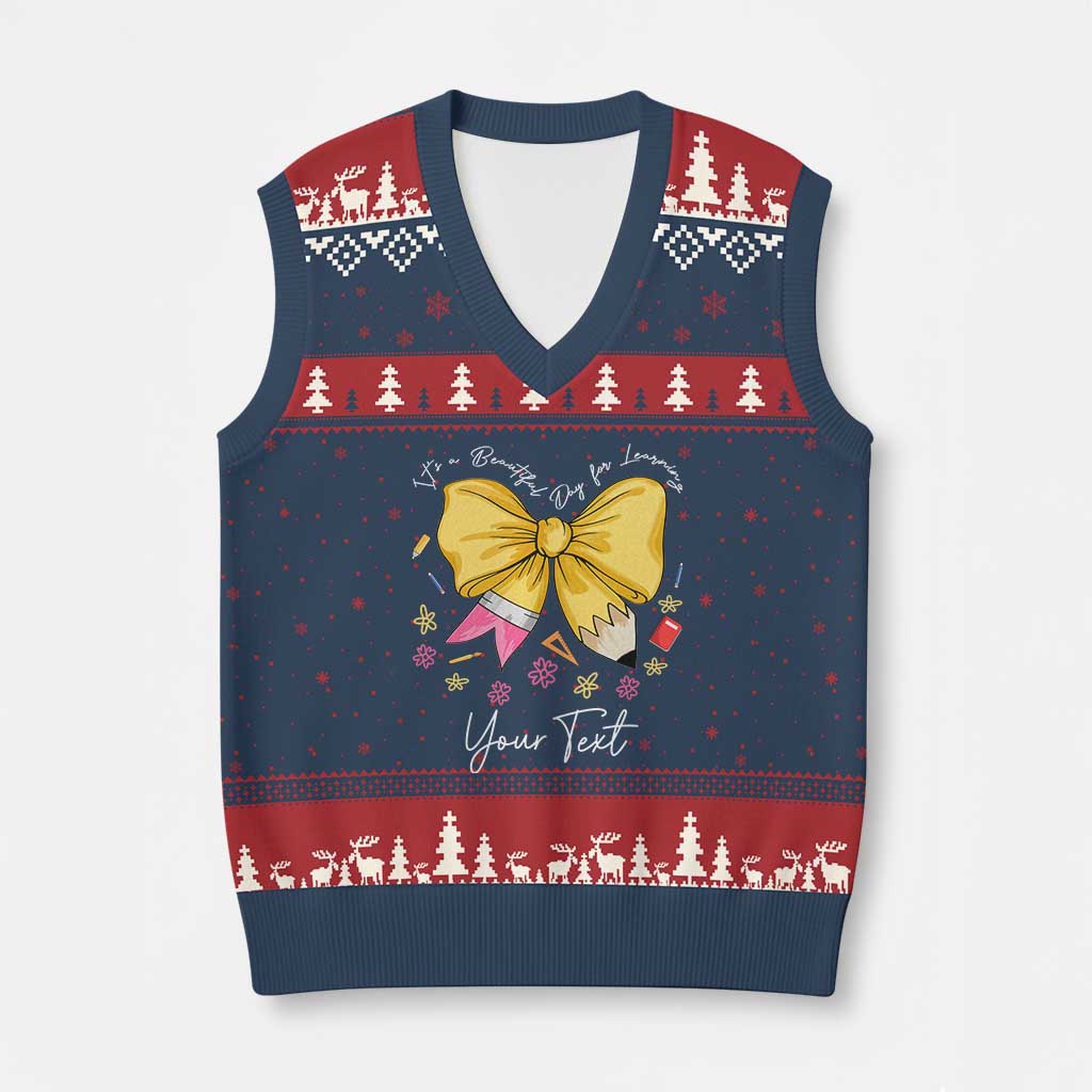 Personalized Teacher Coquette Bow V-Neck Knit Sweater Vest Custom Name Cute Teacher Appreciation Gift TS10 Navy Red Print Your Wear