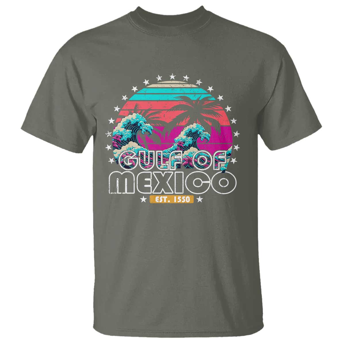 Gulf Of Mexico T Shirt Est. 1550 Retro Summer Vibes TS10 Military Green Print Your Wear
