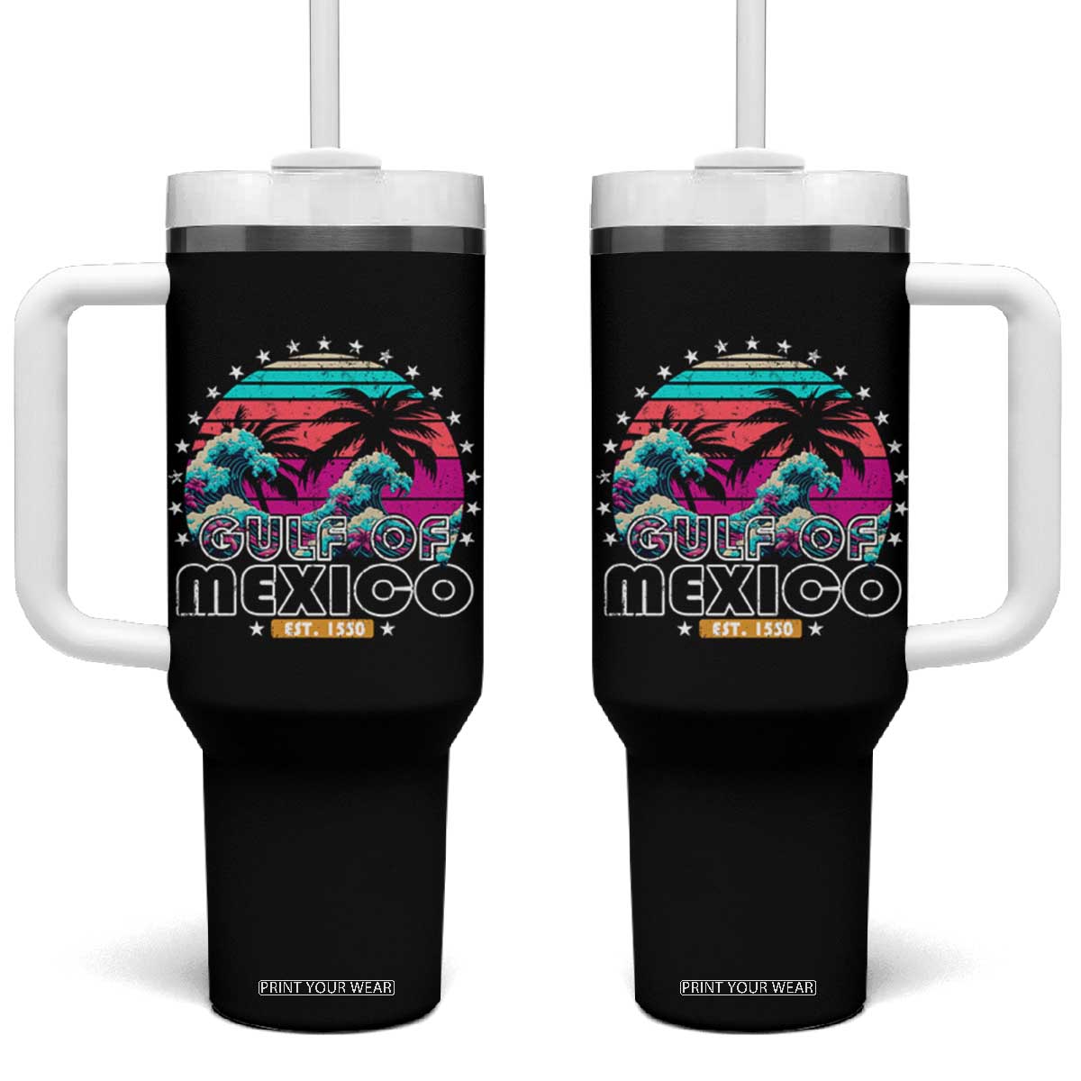 Gulf Of Mexico Tumbler With Handle Est. 1550 Retro Summer Vibes TS10 One Size: 40 oz Black Print Your Wear