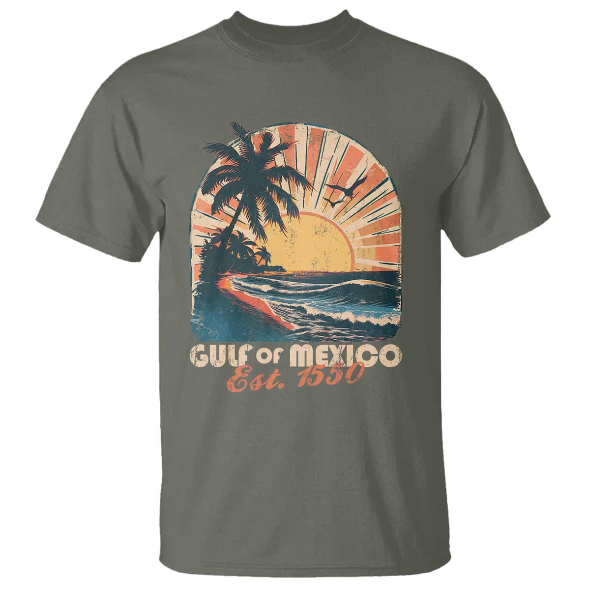 Gulf Of Mexico T Shirt Est. 1550 Sunny Vibes TS10 Military Green Print Your Wear
