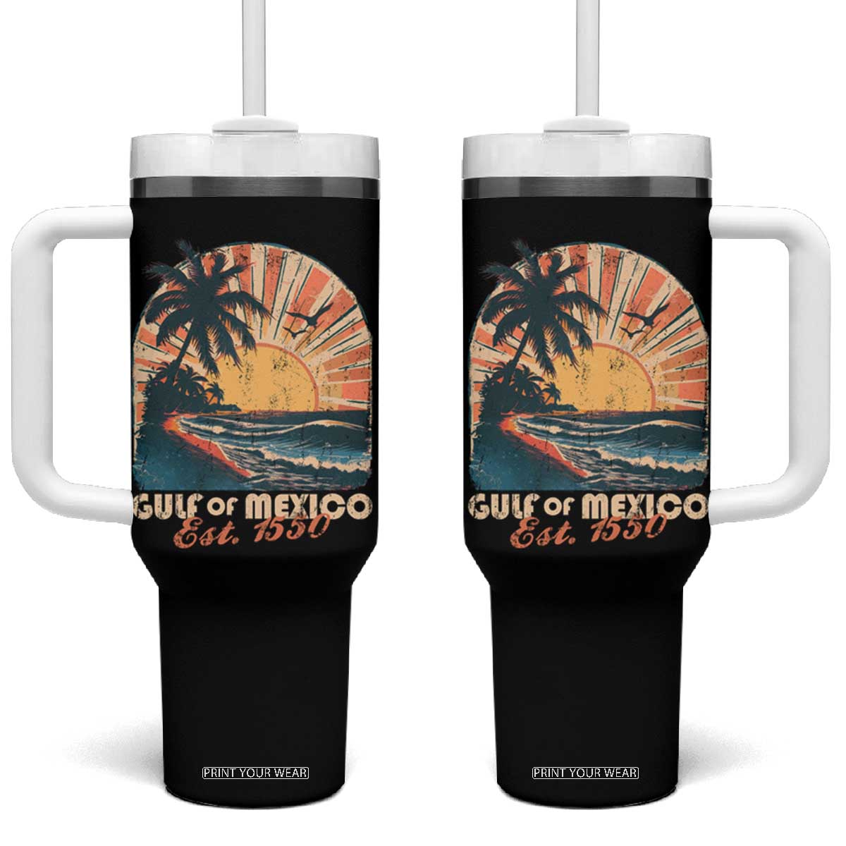 Gulf Of Mexico Tumbler With Handle Est. 1550 Sunny Vibes TS10 One Size: 40 oz Black Print Your Wear